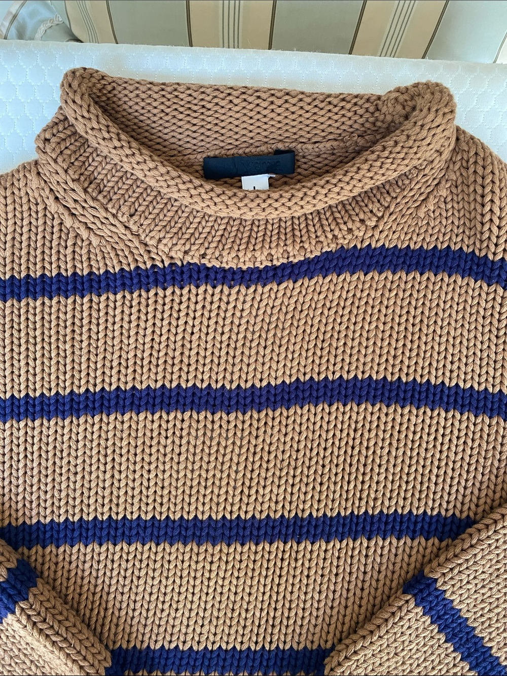 Women’s- Cropped Striped Knit Sweater - Tan & Navy - Picture 3 of 4